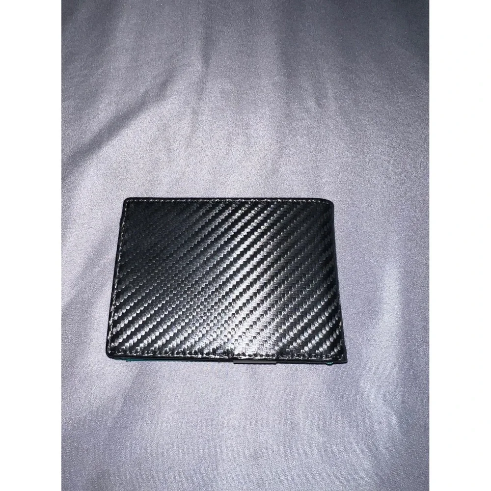 Runbox Mens Slim Bifold Wallet Carbon Fiber Black Teal with Money Clip ID Window
